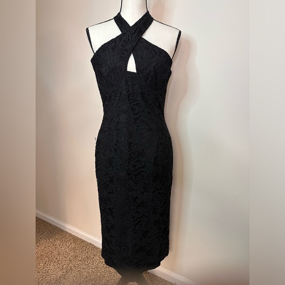 ! BARDOT Black Lace Halter Cross Neck MIDI Tea Length Dress Sz 8 NWT (A0059 B3) - Picture 1 of 15
